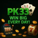 Casino-themed promotional image for PK33 featuring green text, playing cards, gold coins, a slot machine with triple 7s, and a black and green background.