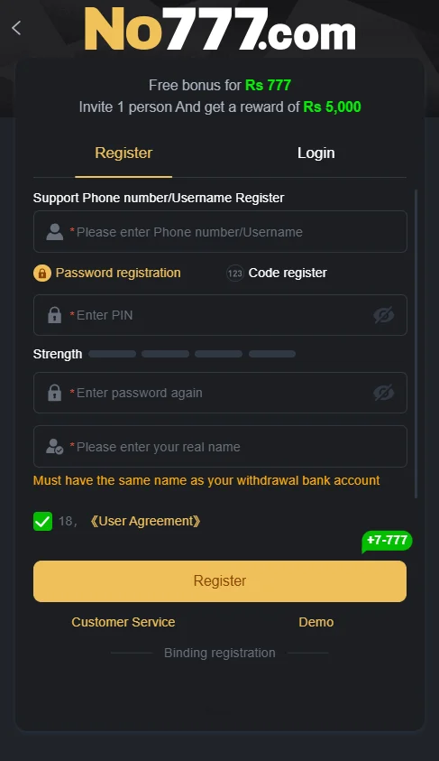 no777 game register page