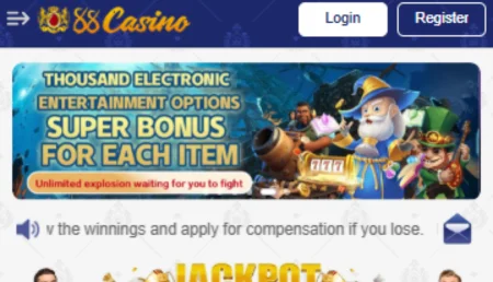 88 Casino APK Pakistan homepage banner showing super bonus offer and casino characters.