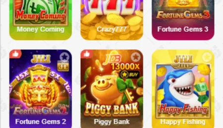 A screenshot of six online casino game icons, including 'Money Coming', 'Crazy777', 'Fortune Gems 3', 'Fortune Gems 2', 'Piggy Bank', and 'Happy Fishing'.