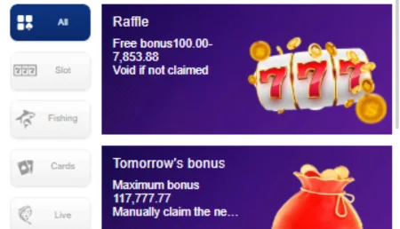 A screenshot of a mobile gaming app displaying two promotional offers: a raffle with a free bonus and a tomorrow's bonus with a maximum amount.