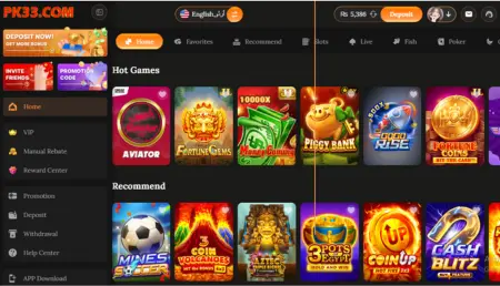 PK33 online gaming platform homepage, featuring a navigation menu and game thumbnails.