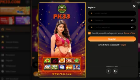 registration page for PK33, an online gaming platform, featuring a woman in a pink outfit and a registration form.